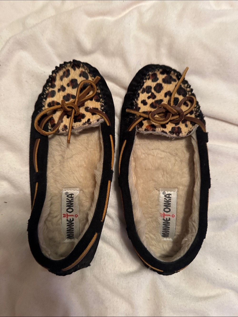 Minnetonka Black Suede Moccasins with Leopard Print Toe and Tan Trim